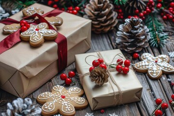Fototapeta premium 冬の贈り物と手作りクッキー（クリスマスギフト・ジンジャーマン・手作りお菓子・プレゼント）