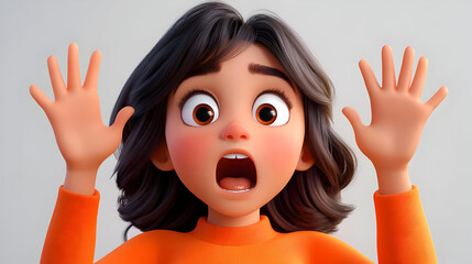 A surprised animated girl with raised hands, expressing shock or fear.