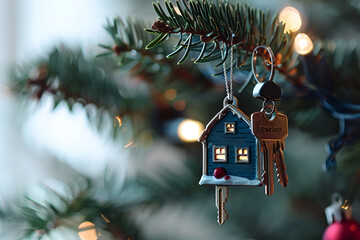 A black Christmas house key is hanging on the green branch of a Christmas tree with bokeh lights.
