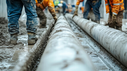 In a muddy setting, workers outfitted in construction gear diligently lay pipes, effectively demonstrating the power of teamwork and industry effort in action
