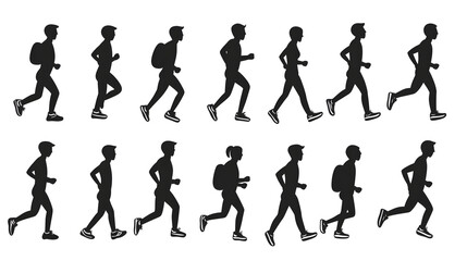 Silhouette of people running and walking, showcasing different postures and movements.