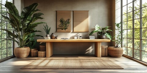 Nature-Inspired Home Office with Bamboo Desk and Indoor Plants, generative ai