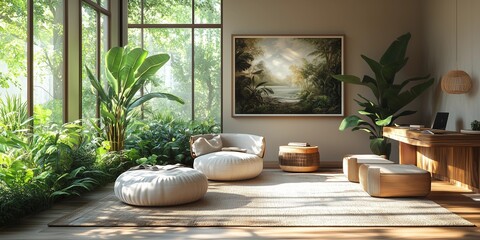 Serene Eco-Friendly Workspace Surrounded by Nature-Themed Decor, generative ai