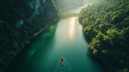 An aerial view of a canoe gliding through a narrow, winding river amidst a dense forest, leading to a vast mountain lake. 