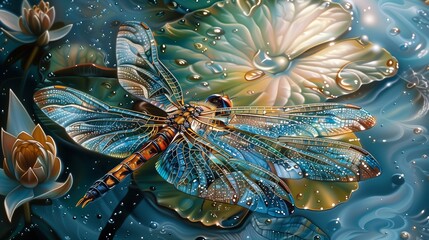 A whimsical painting of a magical dragonfly hovering over a serene pond, intricately depicted on the surface of glass. 
