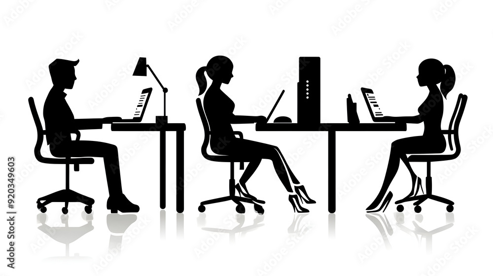 Poster silhouette of three individuals working at desks with laptops and computers.