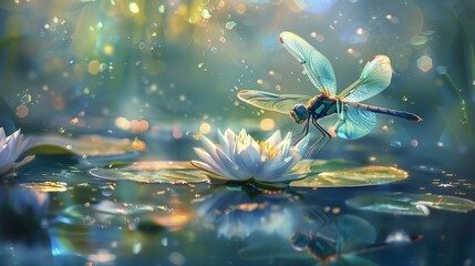 A whimsical painting of a magical dragonfly hovering over a serene pond, intricately depicted on the surface of glass. 
