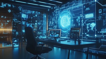 Naklejka premium Modern Office Interior with Blue Digital Displays and a Desk