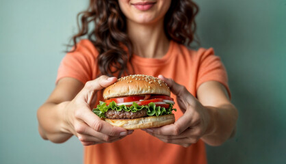 Woman on dieting for good health concept. Woman doing cross arms sign to refuse junk food or fast food hamburger that have many fat.