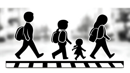 Silhouette of a family crossing a pedestrian line, emphasizing safety and movement.