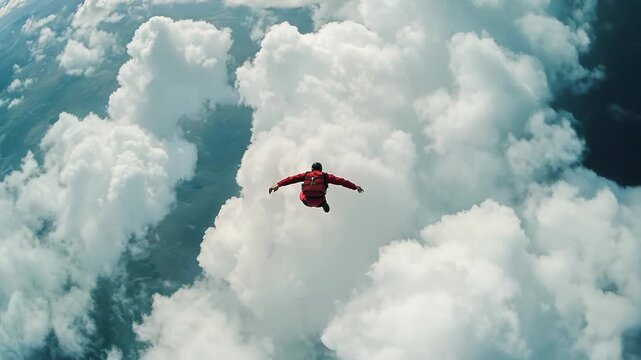 Skydiver plummets through billowing white clouds. Aerial view captures lone figure in freefall against vast sky expanse. Exhilarating blend of danger and serenity.	