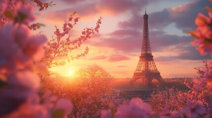 Eiffel Tower at sunset in spring capturing the blooming flowers in Paris