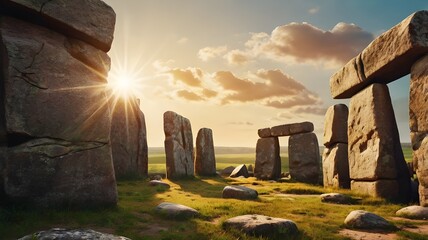 Megalithic wall in landscape with sunshine background