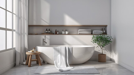 A minimalist bathroom with a freestanding tub and recessed shelving.