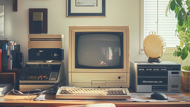 Reviving the glory of the 80s and 90s with a classic setup featuring an old computer, vintage gadgets, and decor that signals nostalgia and history