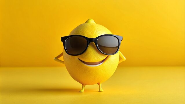 A cheerful anthropomorphic lemon wearing sunglasses and a smile, standing in front of a bright yellow background, conveying a fun and refreshing summer vibe.