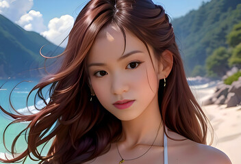 Fototapeta premium Portrait of an Asian woman taking a photo on the beach. AI-Generated