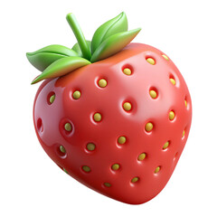 Obraz premium A glossy, red 3D strawberry with green leaves on top. The strawberry is stylized with a shiny surface and cartoon-like appearance, making it visually appealing and playful