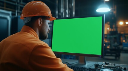 Worker in a factory looking at a green screen computer