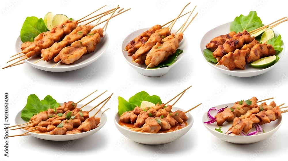 Wall mural Isolated set of pork and chicken satay on a white backdrop