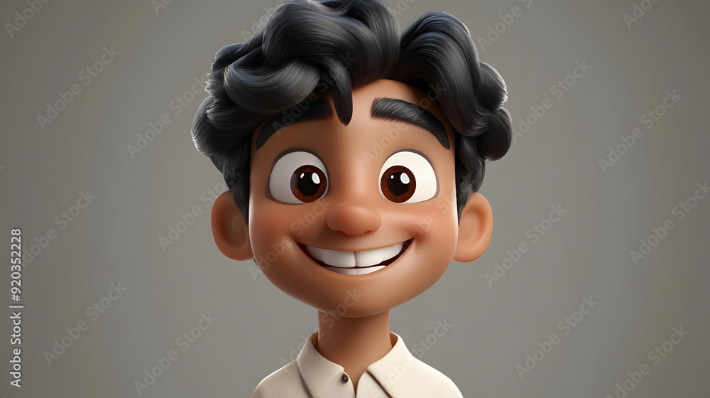 Sticker A cheerful animated character with curly hair and a big smile, wearing a light-colored shirt.