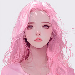 portrait of anime girl in close-up. Anime girl with beautiful pink hair is smiling happily. Bright colorful abstract background. girl smiles and laughs