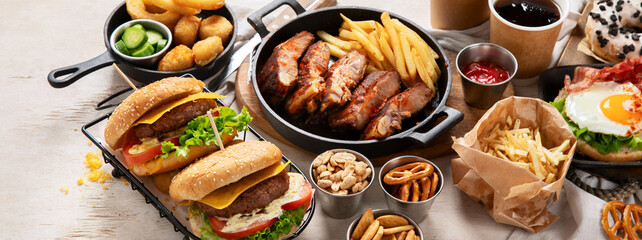 Assorted of american junk food assortment.