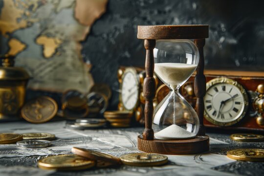 A vintage hourglass is displayed with antique clocks and rare coins, symbolizing the passage of time and the rich tapestry of human history and diverse cultures that have shaped our world