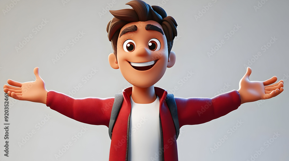 Poster a cheerful animated character with open arms, wearing a red jacket and backpack.