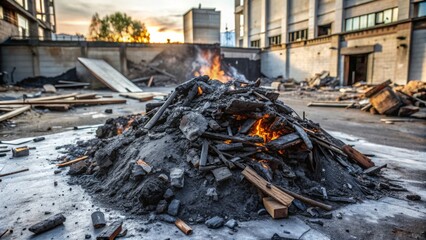 A dark, smoldering heap of cold ash, remnants of a fire, lies abandoned on a worn, concrete surface, surrounded by scattered debris.