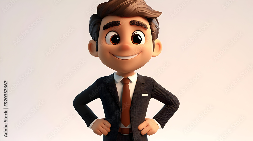 Poster a cheerful animated character in a suit, smiling confidently with hands on hips.
