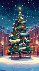 Fototapeta premium Cheerful Holiday Splendor: A Whimsical Christmas Tree Takes Center Stage in Town Square, Animated by Festive Joy and AI Art Charm.