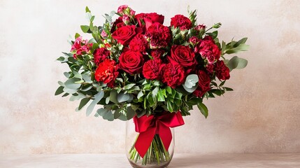 Elegant Bouquet of Deep Red Roses and Bright Red Carnations with Lush Green Leaves in a Clear Glass Vase