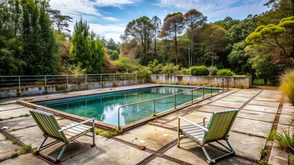 A deserted and closed swimming pool with a faded sign, locked gates, and a dry deck surrounded by overgrown vegetation and worn-out lounge chairs.