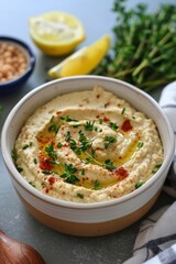 Mediterranean hummus with marinated thyme is a delicious and nutritious dip that highlights the health benefits and vibrant flavors of Mediterranean cuisine.