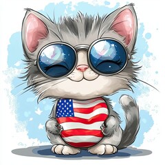 Fototapeta premium Cute Cartoon Cat Wearing Sunglasses and Holding an American Flag