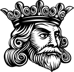A king wearing a medieval crown, mascot head or face. Original illustration in a vintage woodcut style.
