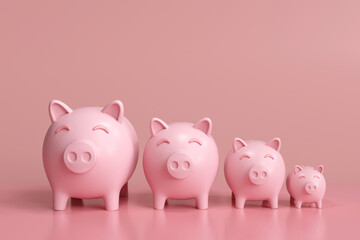 Several piggy banks arranged in order of growth on pink background. Concept of financial planning, investment, interest, increasing profits, and saving money for future