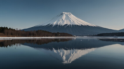 Perfect Symmetry: Fujiyama's Reflection in Icy Waters and Sky