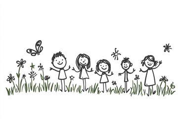 Children art in notebook kids design by Color pencil. Children hand-drawn of the nature. Stick figure illustration isolated on a white background.