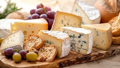 Variety of Cheeses on a Wooden Board with Grapes and Bread in the Background