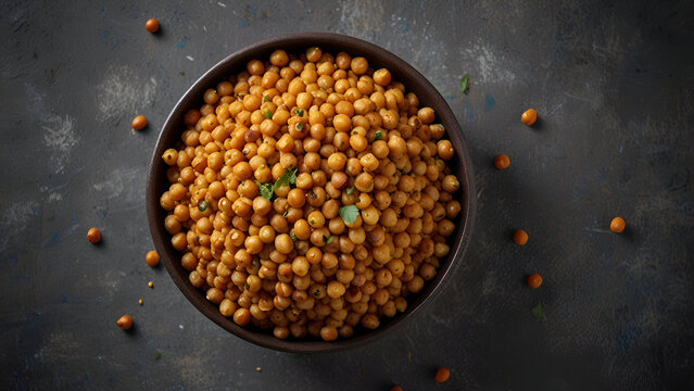 pile of roasted or fried bengal gram on a gray textured background, also known as chenna dal or pori or pottu kadalai,healthy indian crispy snack taken from above with copy space
