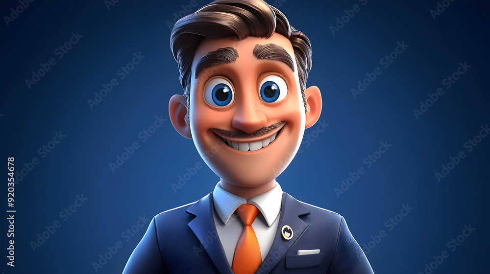 Poster a cheerful animated character in a suit with a friendly smile and blue background.