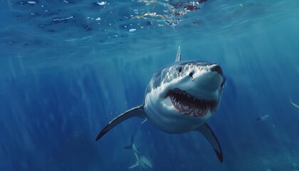 Great White Shark Gliding Through Deep Blue Ocean Depths