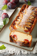 Delicate sponge cake with plums and yogurt close-up in a plate on the table. Vertical