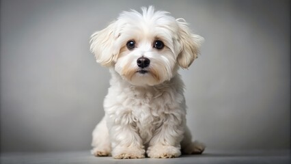 Obraz premium Adorable fluffy white dog with floppy ears and big brown eyes sitting on its hind legs, looking directly at the camera with a cute expression.