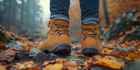 Close-Up of Hiking Boots on Rocky Path with Autumn Leaves, generative ai