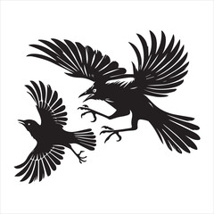 Obraz premium Red-winged blackbird silhouette, blackbird Clipart, Red-winged Blackbird chasing in flight Illustration 