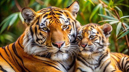 Obraz premium Adorable tiger cub snuggles close to its majestic mother, eyes closed in contentment, in a heartwarming display of familial love and bond in the wild.