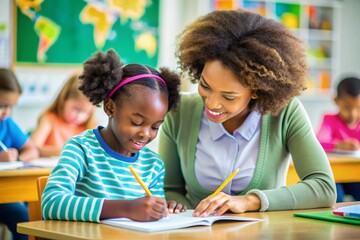 Fototapeta premium Teacher Assisting Young Black Girl with Writing in Classroom
